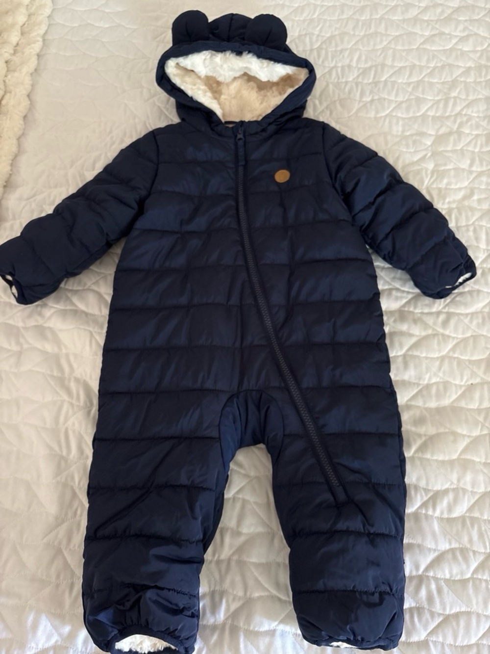Baby Fleece Lined Puffer Snowsuit Pram Suit Bear Ears Navy Blue H&M 6-9M